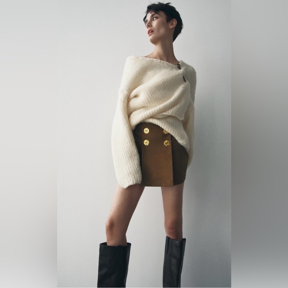 ZARA Button-Up Box Pleat Mini Skirt Brown Gold Buttons Size S
